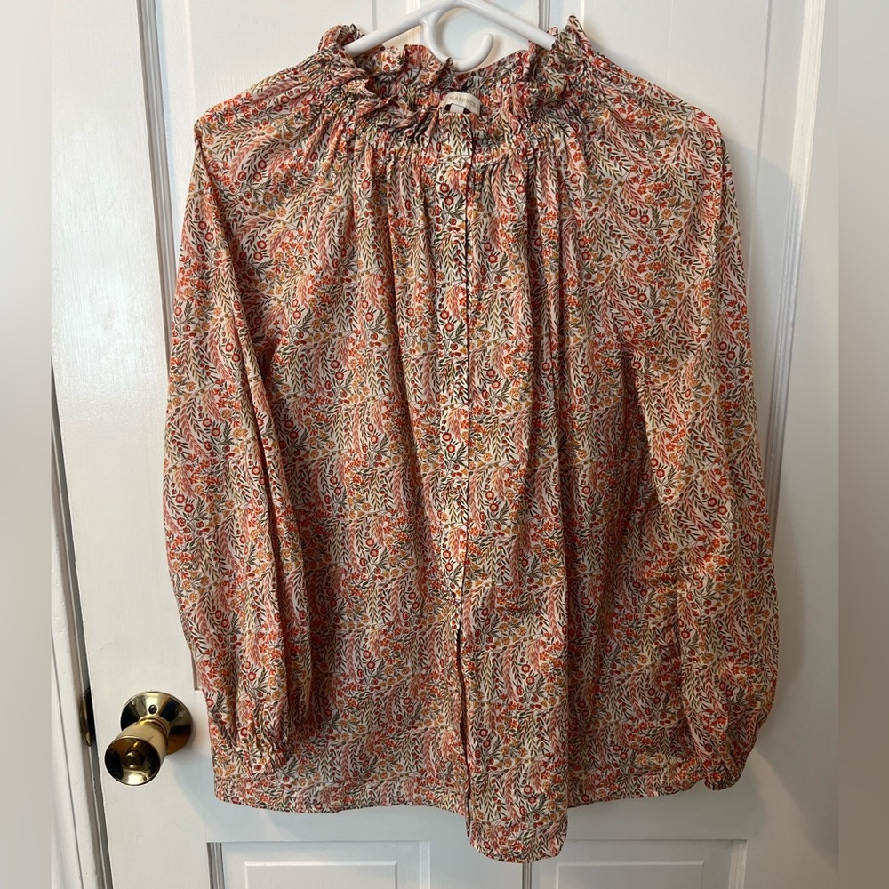 ANN MASHBURN Autumn Paisley Ruffle Neck Button Up Blouse
